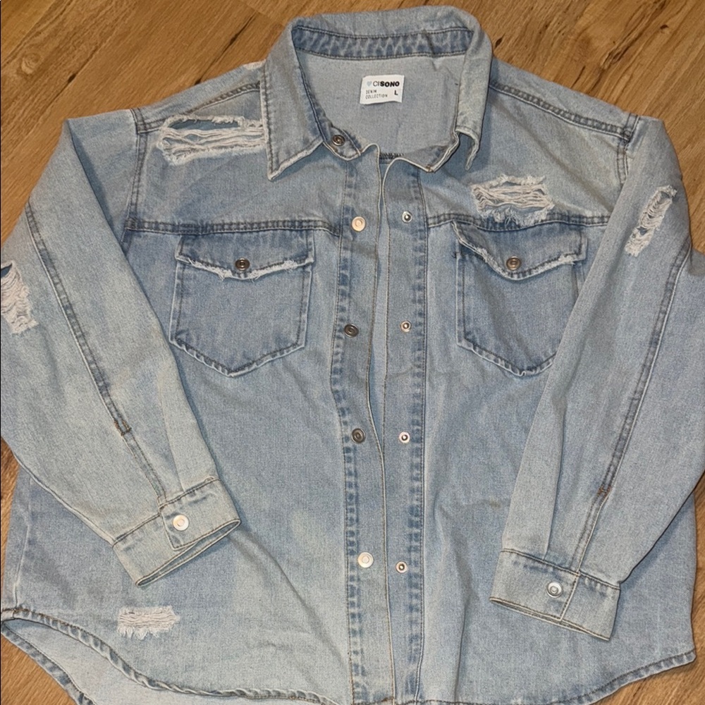 Cisono size Large-Light Blue Distressed Denim Jean Jacket